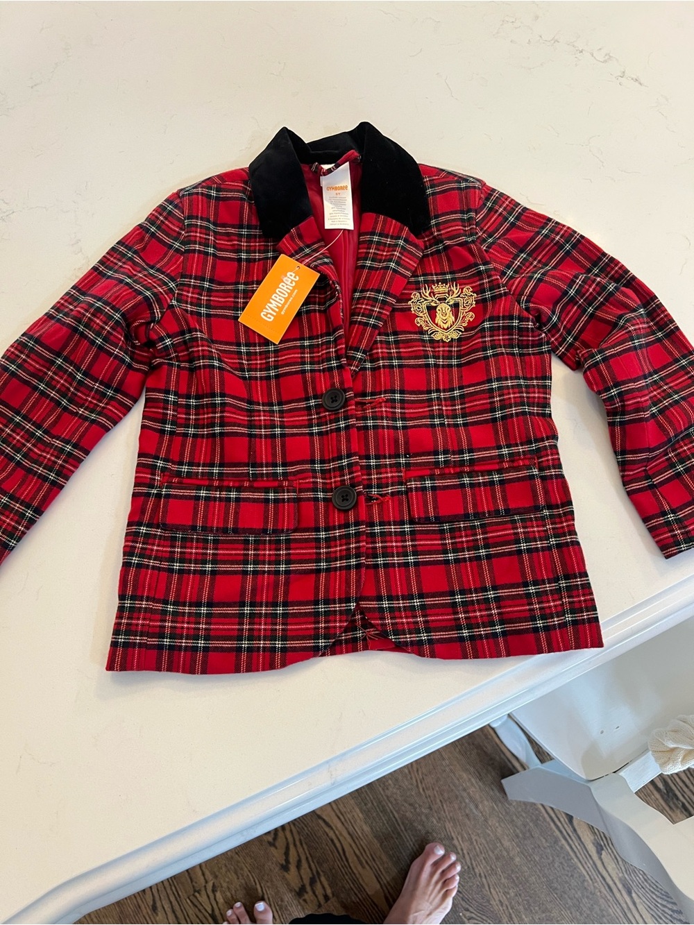 Gymboree Red Plaid Blazer with Black Velvet Collar and Gold Crest Patch